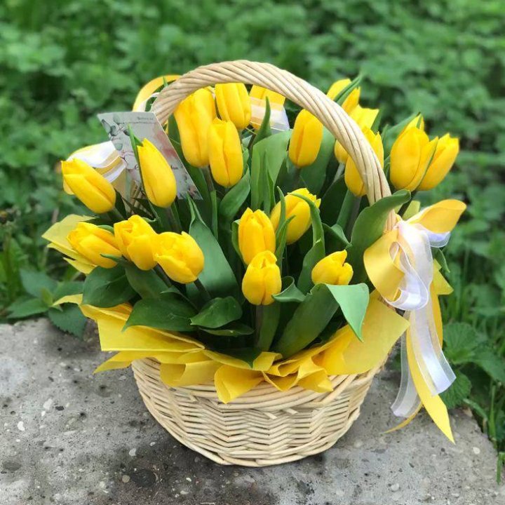 25 желтых тюльпанов в корзине в Чебоксарах