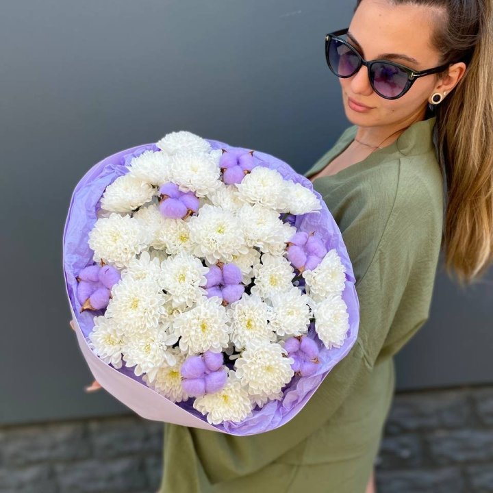  Букет  хризантем и хлопка в Чебоксарах