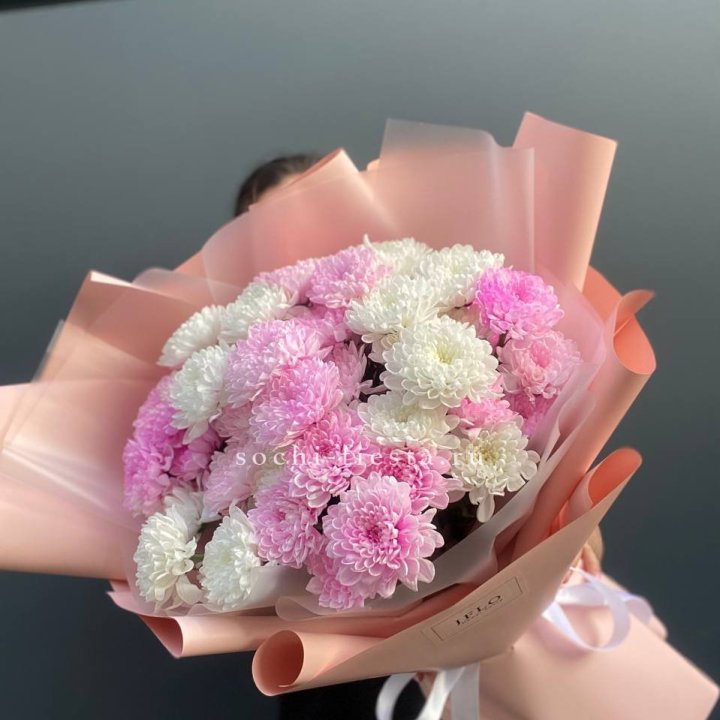  Букет бело-розовых хризантем  в Чебоксарах
